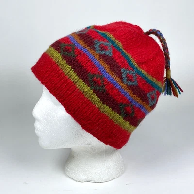 Gorro tejido de lana Lost Horizons forrado invierno gorra esquí rojo colorido Nepal Foto 1 de 4
