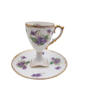 Taza y platillo de chocolate Saji vintage violetas dulces EW-1/791V Japón ocupado años 40 - Imagen 1 de 21