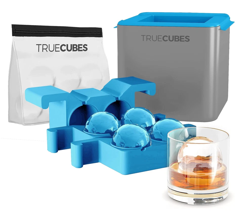 TRUE CUBES Crystal Clear Ice Sphere Ball Maker with Storage Bag - 4 Large Cle...