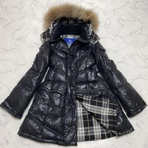 Abrigo de plumón Burberry etiqueta azul negro a cuadros Nova capucha de piel logotipo de caballo para mujer 40 L - Imagen 1 de 24