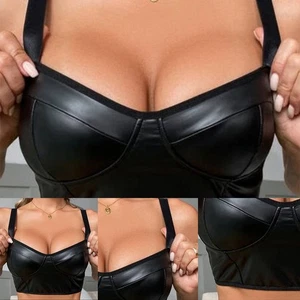 Womens Tops Vest Patent Leather Shoulder Slimming Strap Stretch V Neck - Picture 1 of 16