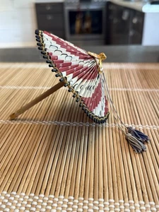 Vintage Japanese Miniature Parasol Wooden And Paper With Tassels - Bought In JP - Picture 1 of 6