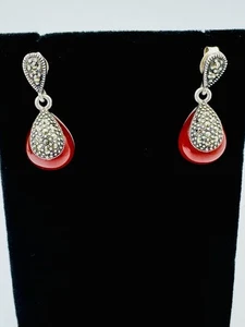 Vintage 925 Sterling Silver & Carnelian and Marcasite Teardrop Earrings-5.1grams - Picture 1 of 11