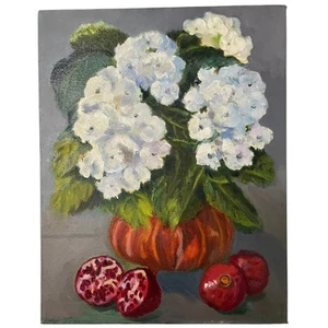 Original Oil Painting Flowers Pomegranates Still Life 11" x 14" Unframed - Picture 1 of 6