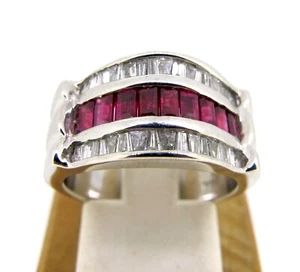 1.03 ctw Ruby 14k White Gold .67 ctw Diamonds Baguette Cut Three Row Ring Sz 6.5 - Picture 1 of 6