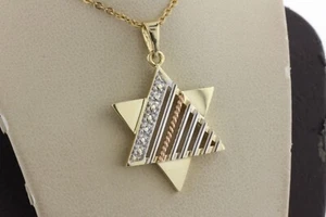 14K Tricolor Gold Diagonal Ripple Pattern Jewish Star Of David Charm Pendant - Picture 1 of 8