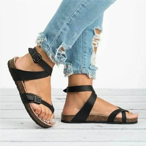 Women Cross Ankle Strap Slingback Sandals Ladies Toe Post Flat Casual Shoes Size - Picture 1 of 18