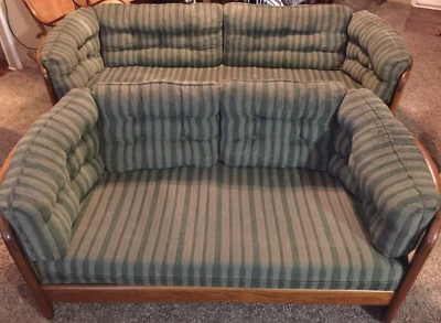 Solid Oak Curved Spindle Back Sofa and Loveseat with coffee tables & end tables - Image 1 of 4