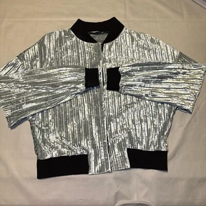 Velvet Bomber Jacket Snap Buttons Sheer Lace Back Women’s Size Large Metallic - Picture 1 of 6