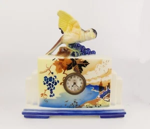 Antique 1920s BIHL Art Deco Figural Porcelain Clock w Bird Skyscraper Spritz - Picture 1 of 7
