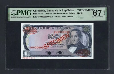 Colombia 100 Pesos Oro 1974 P415s "Specimen" Uncirculated Grade 67 - Image 1 of 2
