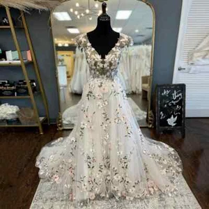 Flower Wedding Dresses V Neck Cap Sleeve Backless Buttons Tulle Bridal Gowns New - Picture 1 of 7