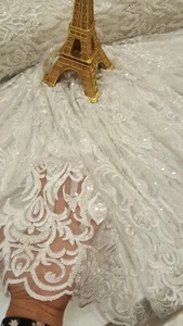 White Beaded Lace Embroidery Wedding Fabric By the Yard Gown Bridal Dress Geomet - Picture 1 of 9