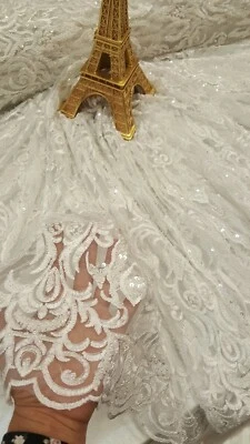 White Beaded Lace Embroidery Wedding Fabric By the Yard Gown Bridal Dress Geomet - Image 1 of 4