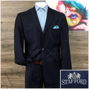Stafford Mens Suit 2 Piece Set Size 42R Jacket Blazer Pants Wool Silk Navy Blues - Picture 1 of 16