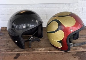 Vtg 60s Motorcycle Auto Racing Helmets Open Face Flames Black S/M Japan READ - Picture 1 of 21