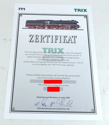 Trix 22705 ZERTIFIKAT Spur H0 HO Dampflok BR 10 001 DB Digital Profi Club Modell - Bild 1 von 2