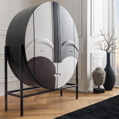 Massives Highboard VOODOO 120cm braun weiß schwarz Mangoholz oval Metallgestell - Bild 1 von 4