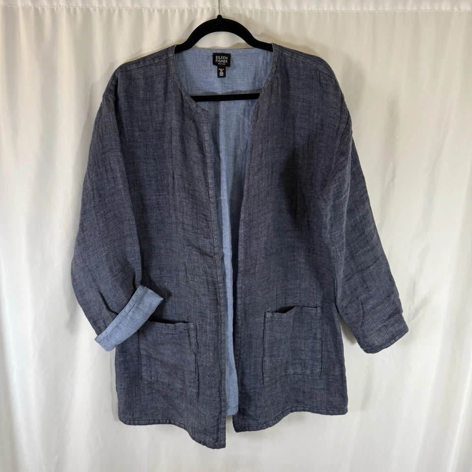 Eileen Fisher Jacket Womens PM Petite Medium Blue Irish Linen Pockets Open Front - Image 1 of 4