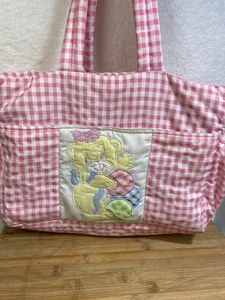VTG 80-90’s Gingham Check Baby Diaper Bag Bear With Balloons Pink / White - Picture 1 of 13
