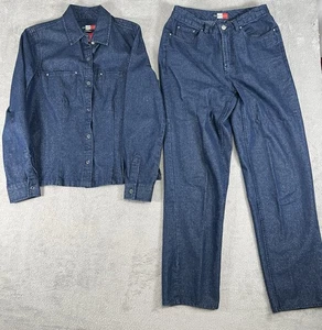 Vintage 90s French Kuff Womens S Metallic Blue Denim Suit Set Y2K - Picture 1 of 15