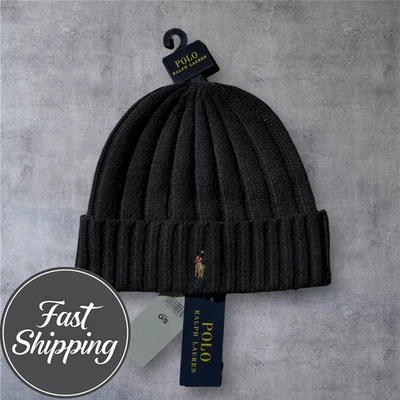 POLO RALPH LAUREN Beanie Hat Black Wool Blend Cuffed Rib Knit PONY LOGO NWT - Image 1 of 3