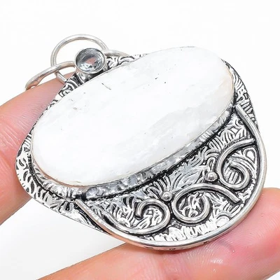 Selenite, pietra preziosa topazio bianco 925 ciondolo gioiello in argento ste... - Immagine 1 di 4