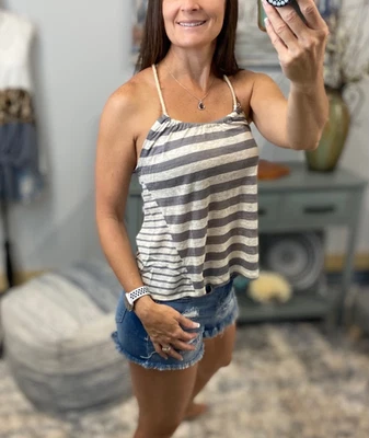 Linen Top Large Gray Scoop Neck Striped Flowy Rope Spaghetti Strap Tank Sexy - Image 1 of 4