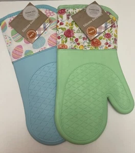 Easter Egg-Themed / Spring Blessings Silicone Oven Mitts - 2 Pack Blue & Green - Picture 1 of 4