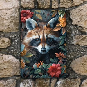 Raccoon Metal Wall Sign - Rustic Wildlife Decor with Floral Accents 8x12 - Picture 1 of 3