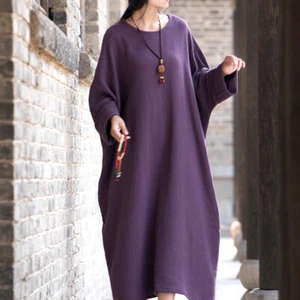 Women Kaftan Dress Maxi Long Sleeve Casual Loose Caftan Holy Gown Cotton Linen - Picture 1 of 52
