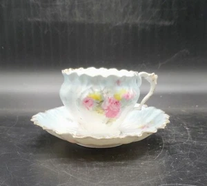 Antique RS Prussia Porcelain Tea Cup & Saucer Scalloped Pink Rose - Picture 1 of 13