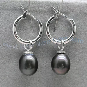 10x12mm Real Natural Black South Sea Pearl Dangle Earrings 14k White Gold - Picture 1 of 6