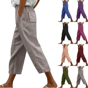 Womens Capri Pants Casual Summer Drawstring Elastic Cropped Pants with 4 Pockets - Picture 1 of 17