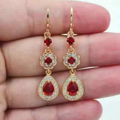 2.2Ct Round Cut Lab-Created Diamond Red Ruby Earrings For Her 14k Yellow Gold FN - Image 1 of 4
