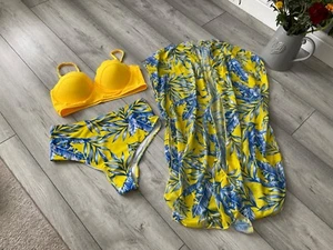 BRIGHT YELLOW 3 PIECE HIGH WAISTED BIKINI WITH MATCHING COVERUP, SIZES 12-16.NEW - Picture 1 of 5
