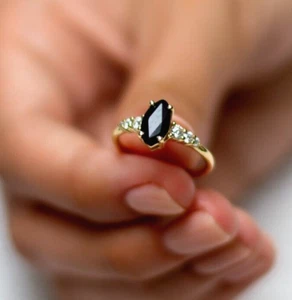 Black Gemstone Ring 1.50 Carat Fashion Ring 14k Solid Gold, 6 Side Diamonds. - Picture 1 of 21