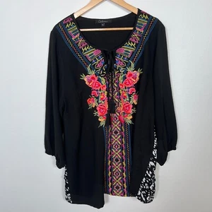 Calessa Tunika Top Damen Größe XL Boho bunt bestickt Blumen Freizeit schwarz - Bild 1 von 10