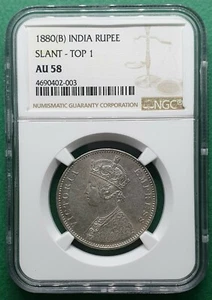 1880(B) BRITISH INDIA RUPEE SLANT - TOP 1 SILVER NGC AU 58 - Picture 1 of 2