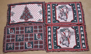 Christmas Tapestry Placemats Woven Fringe  Set of 4 Holiday 19x13 Vintage  - Picture 1 of 12