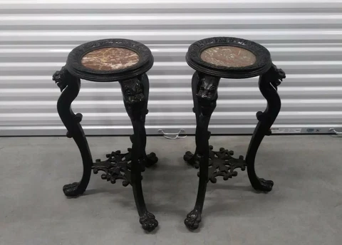 Pair of Antique Chinese Dragon Carved wood Marble Top Plant Stands Side Tables Cover