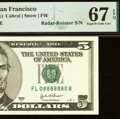 2003A $5 Federal Reserve Note PMG 67EPQ gem radar-rotator serial 08888880 - Image 1 of 3