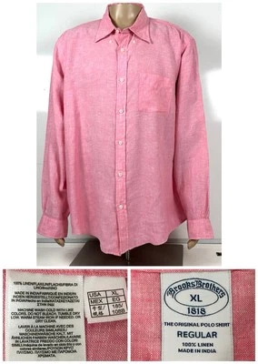 Brooks Brothers 1818 男式长袖 100% 爱尔兰亚麻衬衫 XL 码粉色二手状况完好 — 第 1/4 张图片