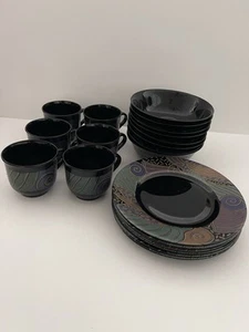 Vintage 1990er Arcoroc France Tampico schwarz Glas 22 Stück Lot Teller Schüsseln Tasse Becher - Bild 1 von 22