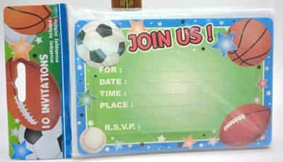 Package Of 10 Sports Birthday Party Invitations With Envelopes Included 4" x 6' - Image 1 of 4