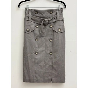 Vintage Retro Brown High Waist Double Breasted Tailored Midi Pencil Skirt Size 4 - Picture 1 of 8