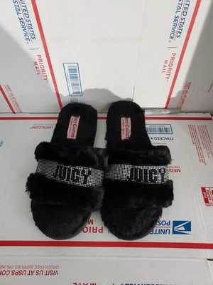 JUICY COUTURE HALO SANDALIAS CHANCLAS NEGRAS PELUDAS DESLIZABLES TALLA 10 - #00s Foto 1 de 4