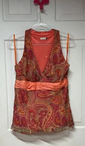 VTG Y2K Page Paisley Top V-neck Plunge Pink Orange Boho Festival Blouse READ SZ - Picture 1 of 7