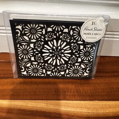 PUNCH STUDIO 10 BOXED NOTE CARDS ENVELOPE BLACK WHITE LASER CUT NEW - Image 1 of 4