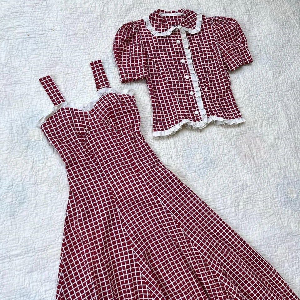 RARE 1930s/40s Handmade Red & White Sweetheart Sundress + Bolero Matching Set XS - Image 1 of 4